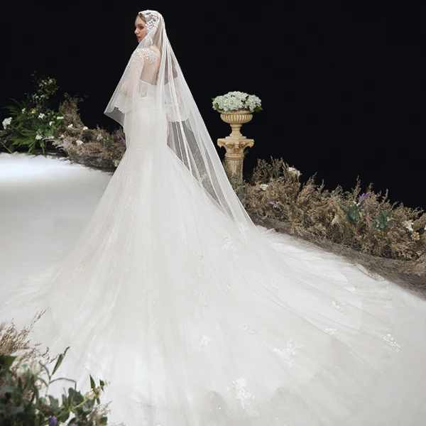 Victorian Style Ivory Bridal Wedding Dresses 2020 Trumpet / Mermaid See-through Scoop Neck Puffy Long Sleeve Backless Appliques Flower Glitter Tulle Chapel Train Ruffle