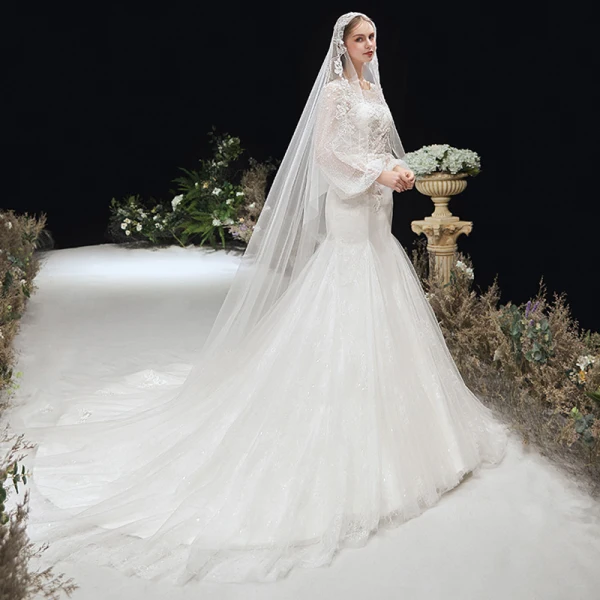 Victorian Style Ivory Bridal Wedding Dresses 2020 Trumpet / Mermaid See-through Scoop Neck Puffy Long Sleeve Backless Appliques Flower Glitter Tulle Chapel Train Ruffle