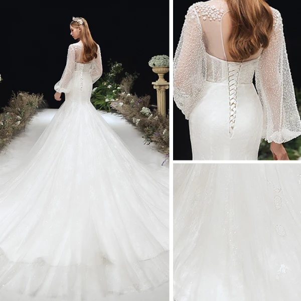 Victorian Style Ivory Bridal Wedding Dresses 2020 Trumpet / Mermaid See-through Scoop Neck Puffy Long Sleeve Backless Appliques Flower Glitter Tulle Chapel Train Ruffle