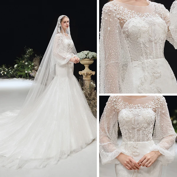 Victorian Style Ivory Bridal Wedding Dresses 2020 Trumpet / Mermaid See-through Scoop Neck Puffy Long Sleeve Backless Appliques Flower Glitter Tulle Chapel Train Ruffle