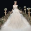 Chic / Belle Champagne La Mariée Robe De Mariée 2020 Princesse Transparentes Col v profond Noeud épaules Sans Manches Dos Nu Appliques En Dentelle Tribunal Train Volants