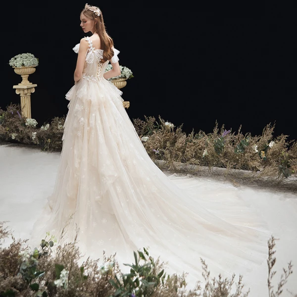 Chic / Belle Champagne La Mariée Robe De Mariée 2020 Princesse Transparentes Col v profond Noeud épaules Sans Manches Dos Nu Appliques En Dentelle Tribunal Train Volants