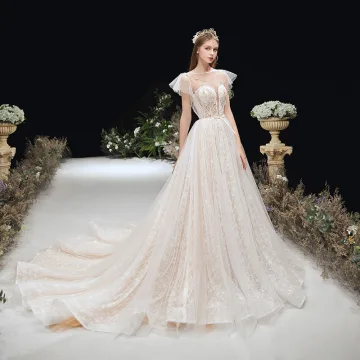 Champagne See Through Light Wedding Dresses 2020 A Line Princess Bell Sleeves Square Neckline Backless Beading Bow Sash Court Train Ruffle