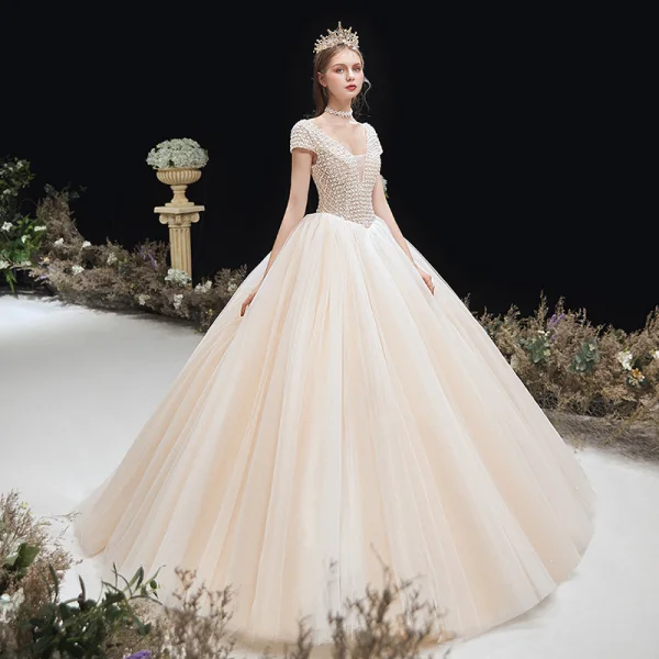 Chic / Belle Champagne La Mariée Robe De Mariée 2020 Robe Boule Col v profond Manches Courtes Dos Nu Perlage Longue Volants