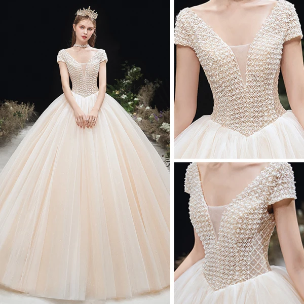Chic / Belle Champagne La Mariée Robe De Mariée 2020 Robe Boule Col v profond Manches Courtes Dos Nu Perlage Longue Volants
