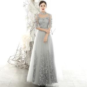 Vintage Originale Gris Transparentes Robe De Soirée 2020 Princesse Col Haut 3 4 Manches Fleur Appliques En Dentelle Longue Volants Robe De Ceremonie