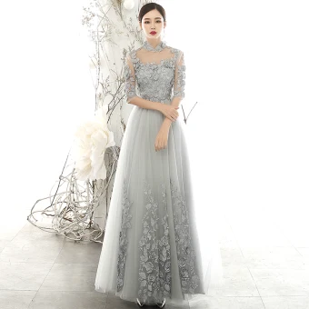 Vintage Originale Gris Transparentes Robe De Soirée 2020 Princesse Col Haut 3 4 Manches Fleur Appliques En Dentelle Longue Volants Robe De Ceremonie