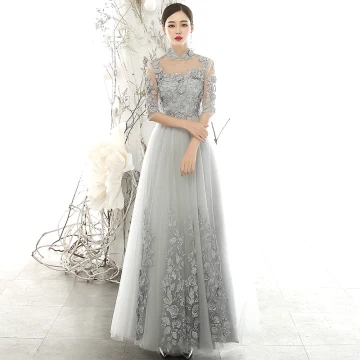 Vintage Retro Grey See Through Evening Dresses 2020 A Line Princess High Neck 3 4 Sleeve Flower Appliques Lace Floor Length Long Ruffle Formal Dresses