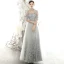 Vintage / Retro Grey See-through Evening Dresses  2020 A-Line / Princess High Neck 3/4 Sleeve Flower Appliques Lace Floor-Length / Long Ruffle Formal Dresses