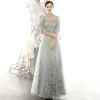 Vintage / Retro Grey See-through Evening Dresses  2020 A-Line / Princess High Neck 3/4 Sleeve Flower Appliques Lace Floor-Length / Long Ruffle Formal Dresses