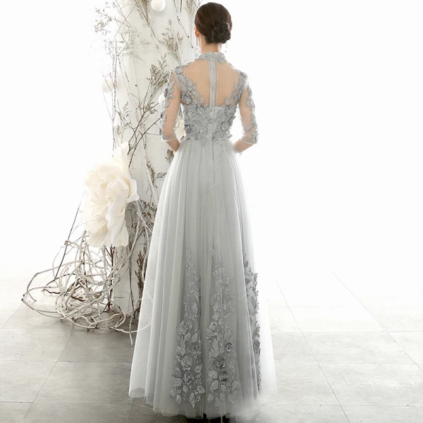 Vintage / Retro Grey See-through Evening Dresses 2020 A-Line / Princess High Neck 3/4 Sleeve Flower Appliques Lace Floor-Length / Long Ruffle Formal Dresses