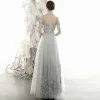 Vintage / Retro Grey See-through Evening Dresses  2020 A-Line / Princess High Neck 3/4 Sleeve Flower Appliques Lace Floor-Length / Long Ruffle Formal Dresses