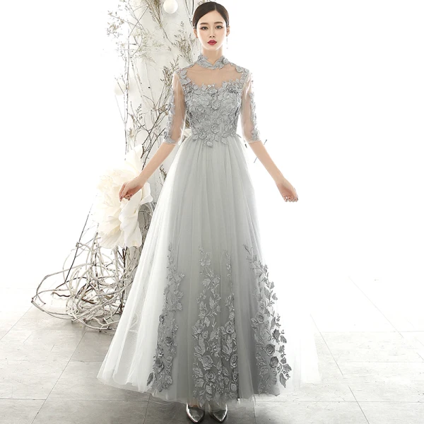 Vintage / Retro Grey See-through Evening Dresses 2020 A-Line / Princess High Neck 3/4 Sleeve Flower Appliques Lace Floor-Length / Long Ruffle Formal Dresses