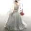 Vintage / Retro Grey See-through Evening Dresses  2020 A-Line / Princess High Neck 3/4 Sleeve Flower Appliques Lace Floor-Length / Long Ruffle Formal Dresses