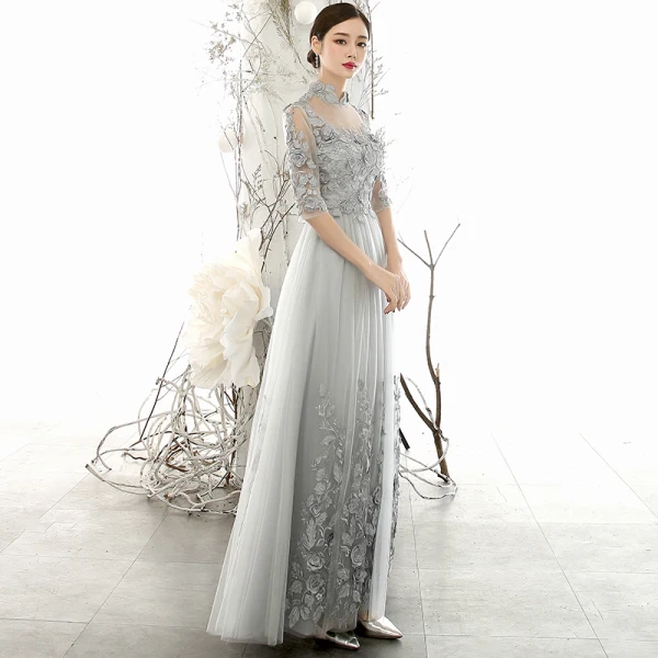 Vintage / Retro Grey See-through Evening Dresses 2020 A-Line / Princess High Neck 3/4 Sleeve Flower Appliques Lace Floor-Length / Long Ruffle Formal Dresses