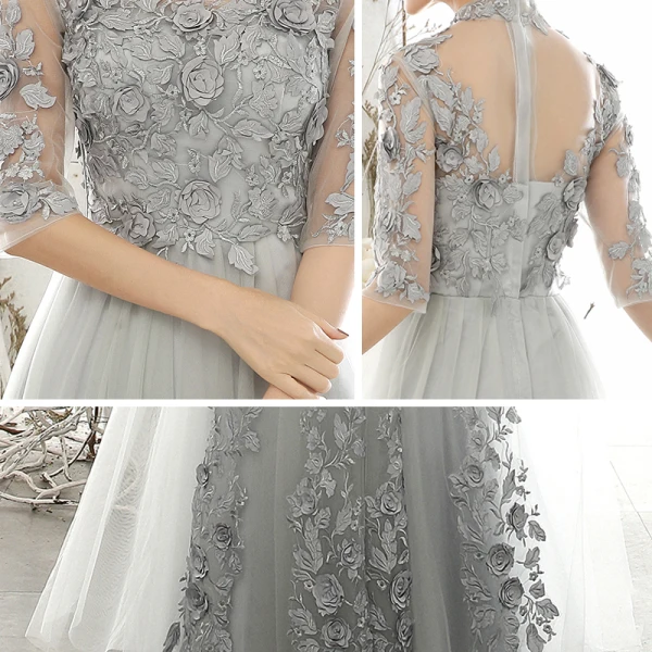 Vintage / Retro Grey See-through Evening Dresses 2020 A-Line / Princess High Neck 3/4 Sleeve Flower Appliques Lace Floor-Length / Long Ruffle Formal Dresses