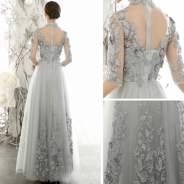 Vintage / Retro Grey See-through Evening Dresses 2020 A-Line / Princess High Neck 3/4 Sleeve Flower Appliques Lace Floor-Length / Long Ruffle Formal Dresses
