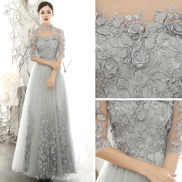 Vintage / Retro Grey See-through Evening Dresses 2020 A-Line / Princess High Neck 3/4 Sleeve Flower Appliques Lace Floor-Length / Long Ruffle Formal Dresses