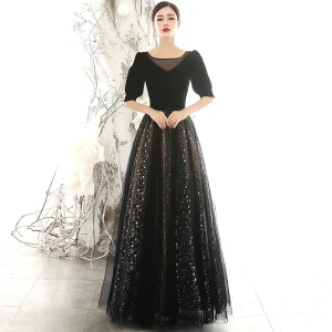 Vintage Originale Noire Daim Robe De Soirée 2020 Princesse Encolure Carrée Gonflée 1 2 Manches Glitter Étoile Tulle Longue Volants Dos Nu Robe De Ceremonie