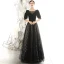 Vintage / Retro Black Suede Evening Dresses  2020 A-Line / Princess Square Neckline Puffy 1/2 Sleeves Glitter Star Tulle Floor-Length / Long Ruffle Backless Formal Dresses
