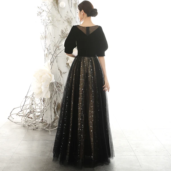 Vintage / Retro Black Suede Evening Dresses 2020 A-Line / Princess Square Neckline Puffy 1/2 Sleeves Glitter Star Tulle Floor-Length / Long Ruffle Backless Formal Dresses