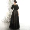 Vintage / Retro Black Suede Evening Dresses  2020 A-Line / Princess Square Neckline Puffy 1/2 Sleeves Glitter Star Tulle Floor-Length / Long Ruffle Backless Formal Dresses
