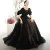 Vintage / Retro Black Suede Evening Dresses  2020 A-Line / Princess Square Neckline Puffy 1/2 Sleeves Glitter Star Tulle Floor-Length / Long Ruffle Backless Formal Dresses