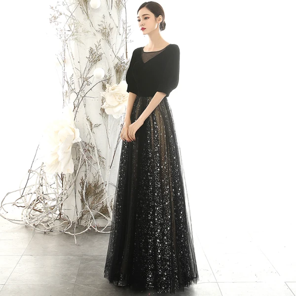 Vintage / Retro Black Suede Evening Dresses 2020 A-Line / Princess Square Neckline Puffy 1/2 Sleeves Glitter Star Tulle Floor-Length / Long Ruffle Backless Formal Dresses