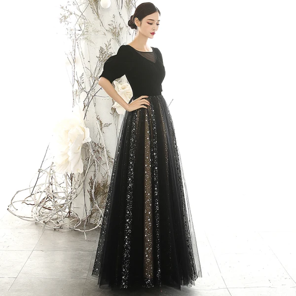 Vintage / Retro Black Suede Evening Dresses 2020 A-Line / Princess Square Neckline Puffy 1/2 Sleeves Glitter Star Tulle Floor-Length / Long Ruffle Backless Formal Dresses