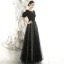 Vintage / Retro Black Suede Evening Dresses  2020 A-Line / Princess Square Neckline Puffy 1/2 Sleeves Glitter Star Tulle Floor-Length / Long Ruffle Backless Formal Dresses