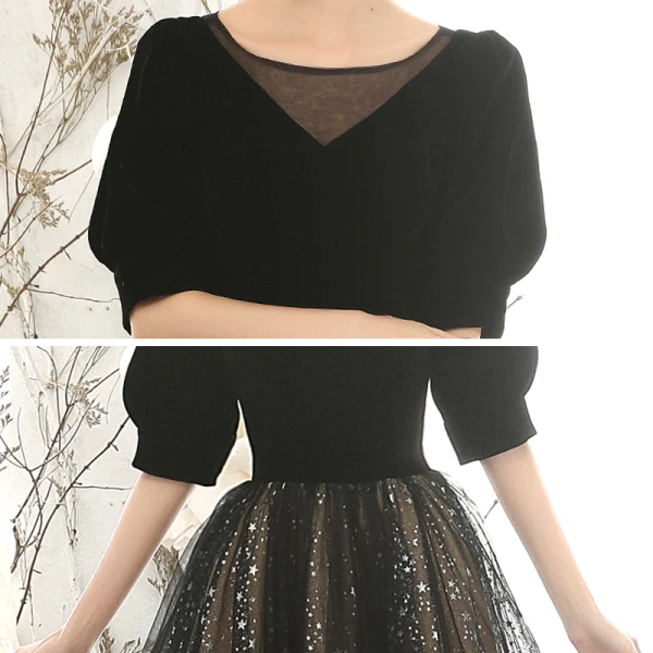 Vintage / Retro Black Suede Evening Dresses 2020 A-Line / Princess Square Neckline Puffy 1/2 Sleeves Glitter Star Tulle Floor-Length / Long Ruffle Backless Formal Dresses