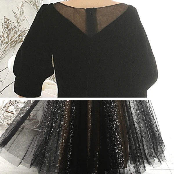 Vintage / Retro Black Suede Evening Dresses 2020 A-Line / Princess Square Neckline Puffy 1/2 Sleeves Glitter Star Tulle Floor-Length / Long Ruffle Backless Formal Dresses