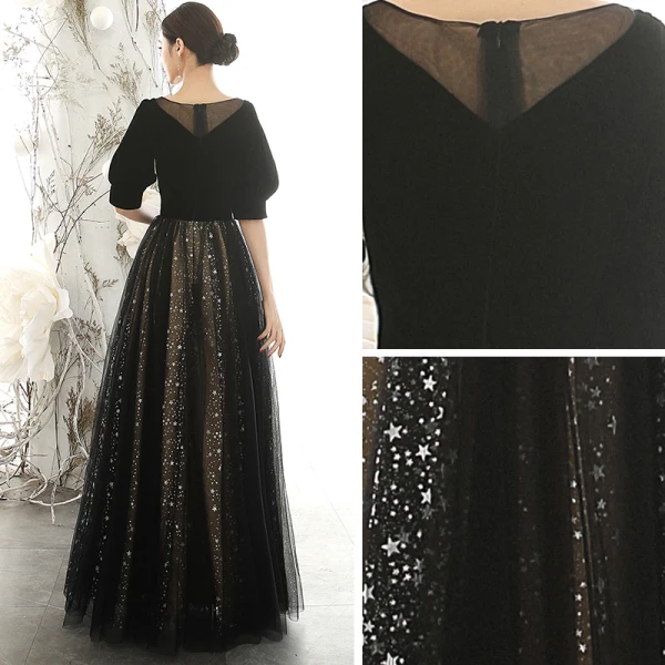 Vintage / Retro Black Suede Evening Dresses 2020 A-Line / Princess Square Neckline Puffy 1/2 Sleeves Glitter Star Tulle Floor-Length / Long Ruffle Backless Formal Dresses