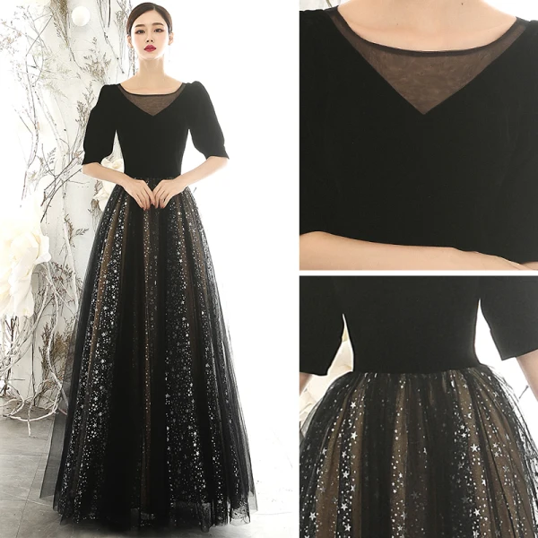 Vintage / Retro Black Suede Evening Dresses 2020 A-Line / Princess Square Neckline Puffy 1/2 Sleeves Glitter Star Tulle Floor-Length / Long Ruffle Backless Formal Dresses