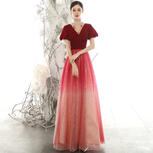 Chic Belle Rouge Daim Robe De Soirée 2020 Princesse Transparentes Col Haut Gonflée Manches Courtes Glitter Tulle Perlage Longue Volants Dos Nu Robe De Ceremonie