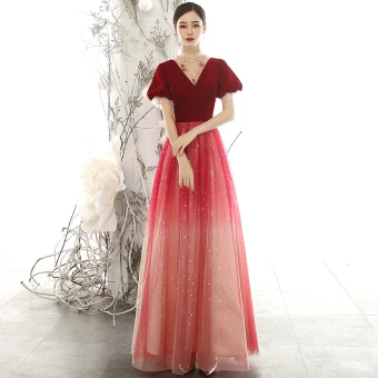 Chic Belle Rouge Daim Robe De Soirée 2020 Princesse Transparentes Col Haut Gonflée Manches Courtes Glitter Tulle Perlage Longue Volants Dos Nu Robe De Ceremonie
