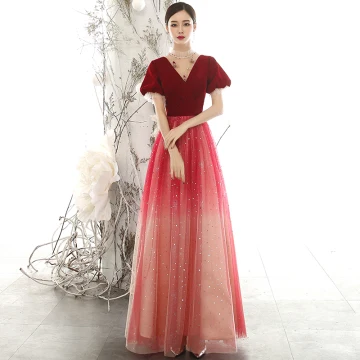 Chic Belle Rouge Daim Robe De Soirée 2020 Princesse Transparentes Col Haut Gonflée Manches Courtes Glitter Tulle Perlage Longue Volants Dos Nu Robe De Ceremonie