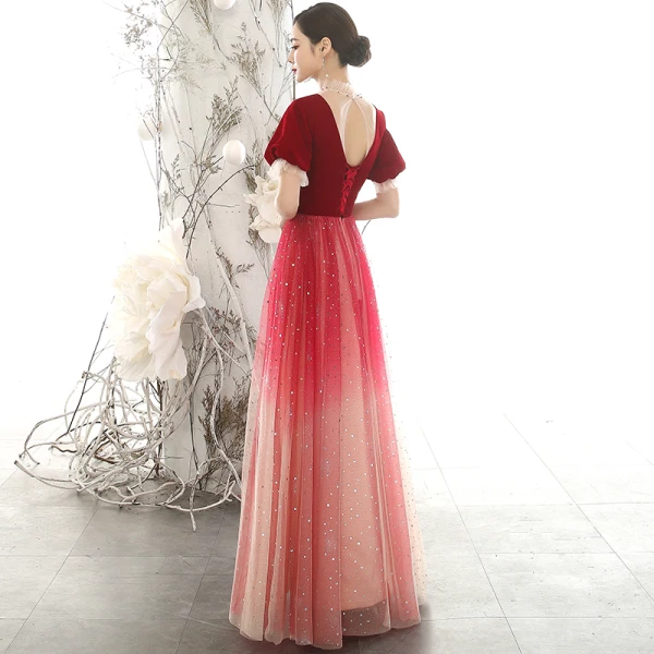 Chic / Beautiful Red Suede Evening Dresses 2020 A-Line / Princess See-through High Neck Puffy Short Sleeve Glitter Tulle Beading Floor-Length / Long Ruffle Backless Formal Dresses