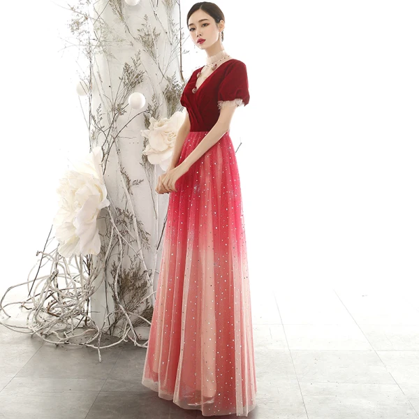 Chic / Beautiful Red Suede Evening Dresses 2020 A-Line / Princess See-through High Neck Puffy Short Sleeve Glitter Tulle Beading Floor-Length / Long Ruffle Backless Formal Dresses