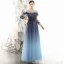 Abordable Bleu Marine Dégradé De Couleur Robe De Soirée 2020 Princesse Transparentes Encolure Carrée Gonflée 3/4 Manches Glitter Tulle Longue Volants Robe De Ceremonie