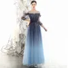 Affordable Navy Blue Gradient-Color Evening Dresses  2020 A-Line / Princess See-through Square Neckline Puffy 3/4 Sleeve Glitter Tulle Floor-Length / Long Ruffle Formal Dresses