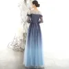 Affordable Navy Blue Gradient-Color Evening Dresses  2020 A-Line / Princess See-through Square Neckline Puffy 3/4 Sleeve Glitter Tulle Floor-Length / Long Ruffle Formal Dresses
