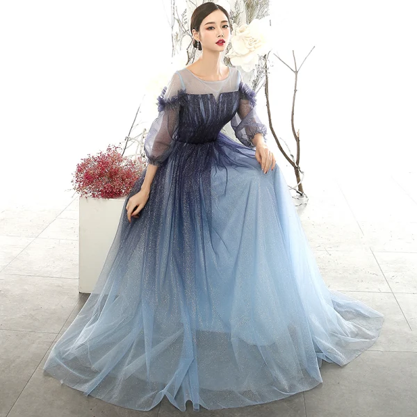 Abordable Bleu Marine Dégradé De Couleur Robe De Soirée 2020 Princesse Transparentes Encolure Carrée Gonflée 3/4 Manches Glitter Tulle Longue Volants Robe De Ceremonie