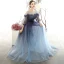 Abordable Bleu Marine Dégradé De Couleur Robe De Soirée 2020 Princesse Transparentes Encolure Carrée Gonflée 3/4 Manches Glitter Tulle Longue Volants Robe De Ceremonie