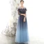 Abordable Bleu Marine Dégradé De Couleur Robe De Soirée 2020 Princesse Transparentes Encolure Carrée Gonflée 3/4 Manches Glitter Tulle Longue Volants Robe De Ceremonie