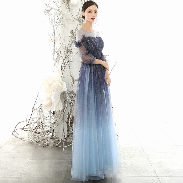 Abordable Bleu Marine Dégradé De Couleur Robe De Soirée 2020 Princesse Transparentes Encolure Carrée Gonflée 3/4 Manches Glitter Tulle Longue Volants Robe De Ceremonie