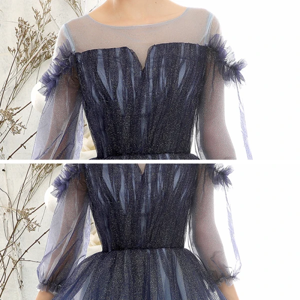 Abordable Bleu Marine Dégradé De Couleur Robe De Soirée 2020 Princesse Transparentes Encolure Carrée Gonflée 3/4 Manches Glitter Tulle Longue Volants Robe De Ceremonie