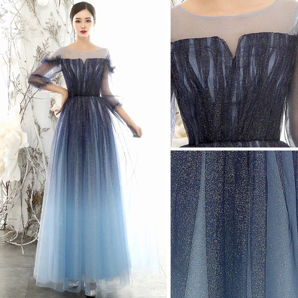 Abordable Bleu Marine Dégradé De Couleur Robe De Soirée 2020 Princesse Transparentes Encolure Carrée Gonflée 3/4 Manches Glitter Tulle Longue Volants Robe De Ceremonie