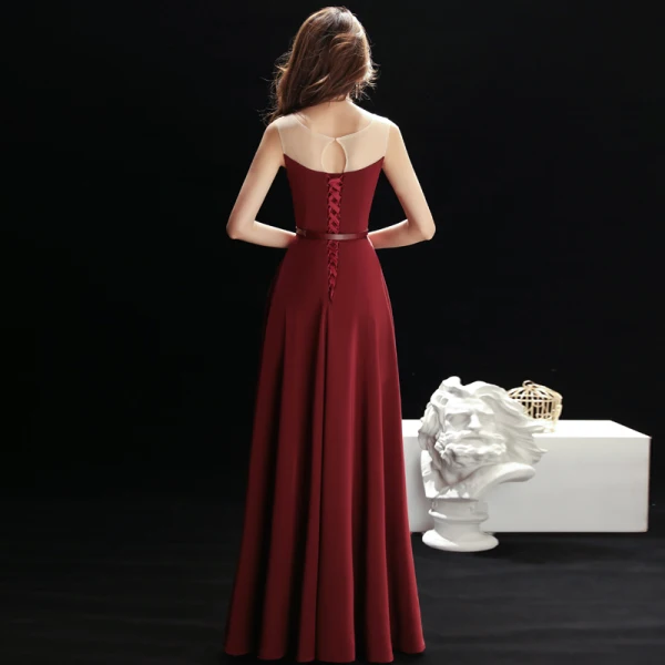 Simple Bordeaux Transparentes Robe De Soirée 2019 Princesse Encolure Dégagée Sans Manches Faux Diamant Ceinture Longue Volants Robe De Ceremonie