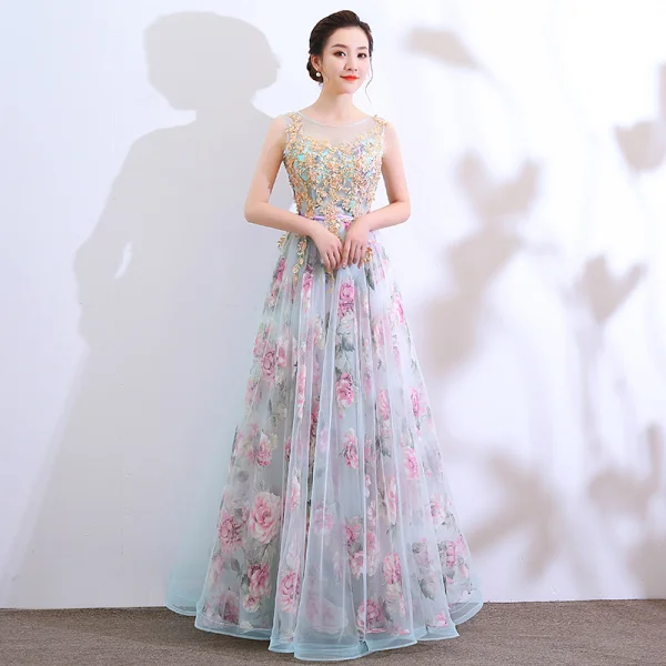 Flower Fairy Pool Blue Prom Dresses 2018 A-Line / Princess See-through Scoop Neck Sleeveless Appliques Lace Printing Flower Tulle Floor-Length / Long Ruffle Backless